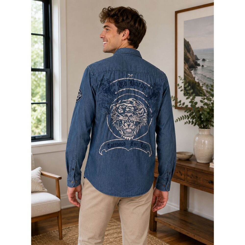 Ed Hardy Long Sleeve Button Front Shirt Blue Tiger Tattooed For Life Men's XL